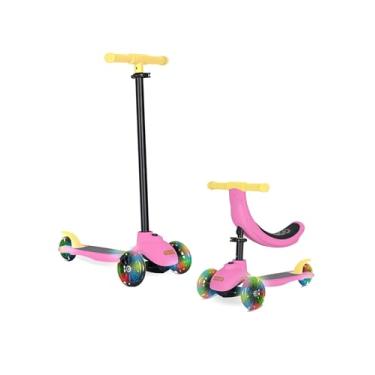 Imagem de KRIDDO Scooter infantil 5 em 1, inclinada para dirigir, scooter infantil com altura ajustável, 3 rodas iluminadas, ideal para uso interno e externo, presente para crianças de 1 a 5 anos, rosa