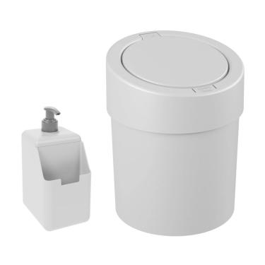 Imagem de Kit Cozinha Dispenser Porta Detergente Lixeira Tampa Click 5,4L Cinza - Coza
