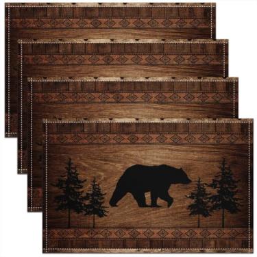 Imagem de Tapetes de mesa para cabana de urso, silhueta de árvores de animais da selva, para crianças, adolescentes e adultos, rústico, casa de fazenda, listras de madeira, tapetes de cozinha para mesa de