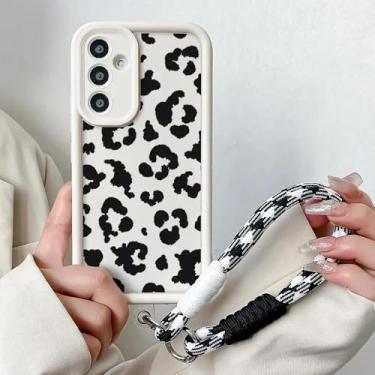 Imagem de Capa de celular com corrente de leopardo para Samsung S25 Plus Ultra S24 FE A16 A06 A26 36 A56 M13 M35 M55 M32, capa de celular com alça de gato, J15, branca, aço inoxidável, para A16