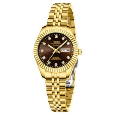 Imagem de NIBOSI Relógios femininos analógicos de quartzo de aço inoxidável com data luminosa à prova d'água delicada, clássico, luxuoso, diamante, elegante, relógio feminino para pulsos pequenos, Dourado