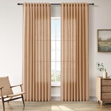Imagem de Cortinas de linho camel com aba traseira longa de 203 cm para sala de estar, 2 painéis, conjunto moderno de casa de fazenda, cortinas de linho, semitransparentes, filtragem de luz, privacidade