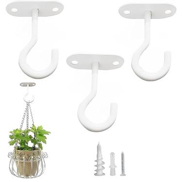 Imagem de Ganchos de teto para plantas de pendurar – suportes de plantas de metal para pendurar alimentadores de pássaros, plantas, sinos de vento, inclui âncoras profissionais de drywall (3 unidades) (branco)
