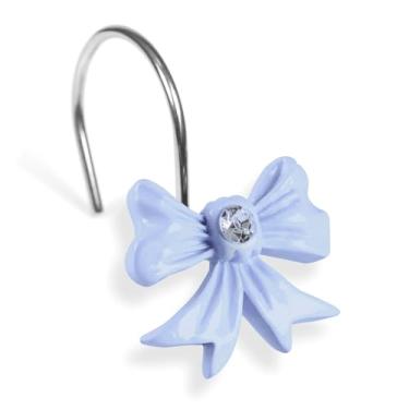 Imagem de Ganchos de cortina de chuveiro com laço azul: anéis decorativos de aço inoxidável à prova de ferrugem em forma de nó bonito para meninas e crianças e decoração de banheiro elegante - acessório