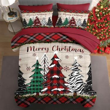 Imagem de WeCozy Jogo de edredom de Natal King Size com 2 fronhas e 2 fronhas, xadrez preto e vermelho para crianças e adultos, cama retrô colorida de pinheiro em uma bolsa com lençol de cima