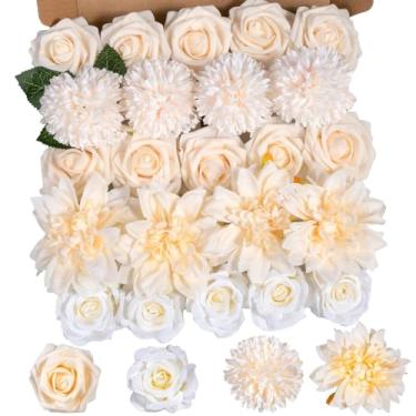 Imagem de BSMYBO Combo de flores artificiais, rosas falsas, dália, flores bege, bola de crisântemo artificial com hastes para casamento, buquês de noiva, centros de mesa, decoração de casa para chá de bebê