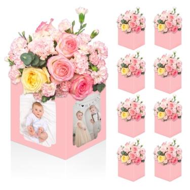 Imagem de Whaline 8 peças de centro de mesa de centro de mesa rosa para chá de bebê, caixa de centro de mesa, para exibição de fotos, reutilizável, para aniversário, casamento, gênero, revelação, decoração de