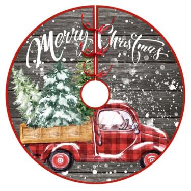 Imagem de Saia de árvore de Natal, caminhão xadrez vermelho com árvore de Natal e estampa de feliz Natal, fundo de madeira rústica para decoração de Natal 91 cm