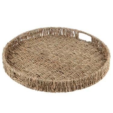 Imagem de Bandeja redonda para servir em vime grande com alças para mesa de centro, bandeja de alga marinha natural de 40,6 cm