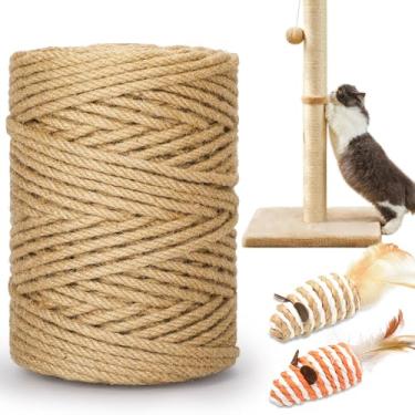 Imagem de HezzLuv Corda de sisal para arranhar gatos de 80 m, corda de juta natural de 6 mm de espessura para arranhadores, árvores de gato, projetos faça você mesmo, corda de sisal para arranhador de gatos com