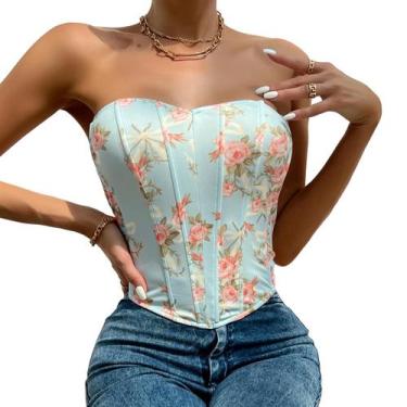 Imagem de Cropped Corset Top Crop Blusa Sexy Floral Estampada Sem Alça - Modas F