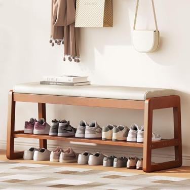 Imagem de PETKABOO Porta-sapatos de madeira de borracha com almofada de couro 100 cm, impermeável, fácil de limpar, 250 kg, organizador de sapatos para entrada, corredor, mudroom, porta da frente