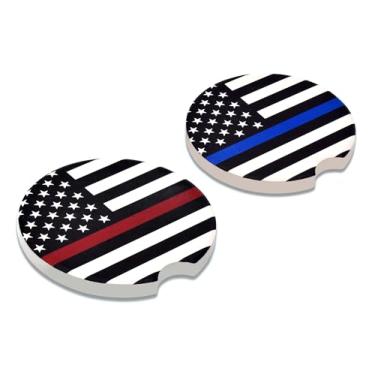 Imagem de Elektroplate Porta-copos automotivos de cerâmica com bandeira dos EUA azul e bombeiro vermelha (6,5 cm de diâmetro) | Ajuste universal para todos os carros, caminhões, SUVs e mais | Absorvente