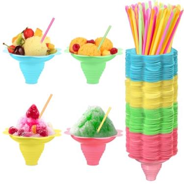 Imagem de Boao 200 peças de copo de cone de neve de flor colorida de 227 g com colher em forma de flor de plástico à prova de vazamento, tigela de sorvete raspada reutilizável para festa de aniversário de