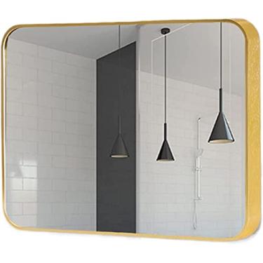 Imagem de Espelho de banheiro montado na parede cantos arredondados espelho de banheiro espelho de parede retangular moldura de liga de alumínio espelho suspenso para sala de estar quarto entrada parede