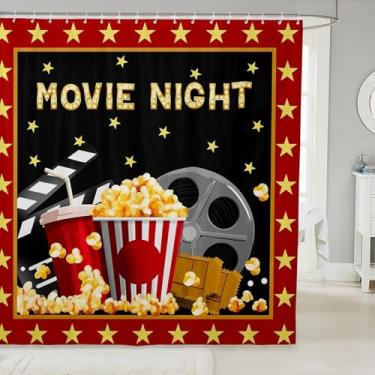 Imagem de Cortina de chuveiro de cinema, tira de filme, pipoca, cortina de banheiro para crianças, adolescentes, adultos, decoração de quarto vintage, estilo hippie, cinema à prova d'água, cortina de banho