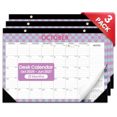 Imagem de Pacote com 3 calendários de mesa 2025-2026, calendário de 21 meses de outubro de 2025 a junho de 2027 - calendário grande de 43 x 30 cm de mesa/parede para escola em casa ou escritório - quadriculado
