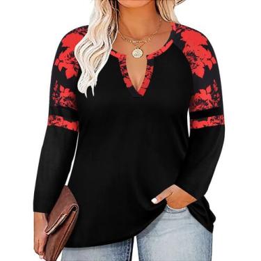 Imagem de Camisa CARCOS Plus Size com decote em V vermelha floral de manga compr