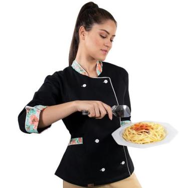 Imagem de Dólmã Para Chef De Cozinha Feminino Floral Verde Uniforme Acinturado 1