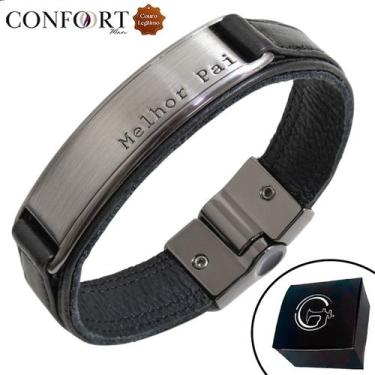 Imagem de Pulseira de Couro Magnética Masculina Melhor Pai Preta - GRANADO ACESS