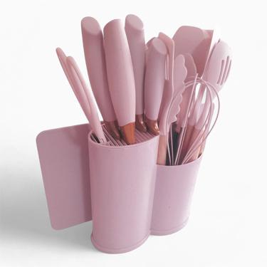 Imagem de Jogo De Cozinha 19 Utensílios De Silicone E Madeira Com Tábua De Corte Porta Talher Oval - Rosa