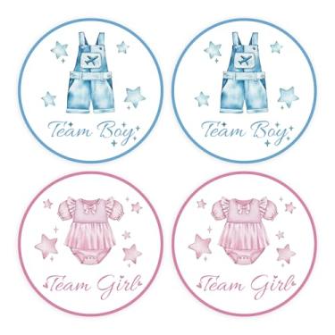 Imagem de 80 peças de adesivos fofos de roupas de bebê, etiquetas de revelação de gênero de equipe de meninos de 5 cm, adesivos redondos decorativos autoadesivos rosa e azul para suprimentos de festa de chá de