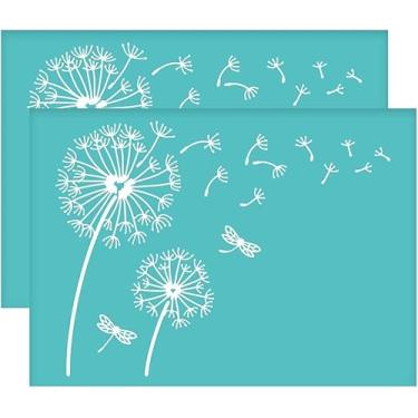 Imagem de 2 peças de estênceis de serigrafia autoadesivos turquesa 19,6 x 14 cm padrão dente-de-leão transferências de malha, estênceis de tela de seda padrão libélula para pintura em madeira, faça você mesmo