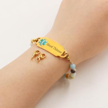 Imagem de Pulseira com contas médicas ajustáveis para mulheres, contas de amazonita de 6 mm, joia de identificação de alerta de emergência de saúde para mulheres e homens, pulseira hipoalergênica de bem-estar