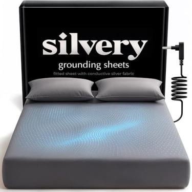 Imagem de Silvery Lençóis de cama de aterramento com infusão de prata - Lençol de elástico macio e sedoso com cabo de aterramento e guia - 90% Lyocell 10% prata condutiva para melhor sono e recuperação natural