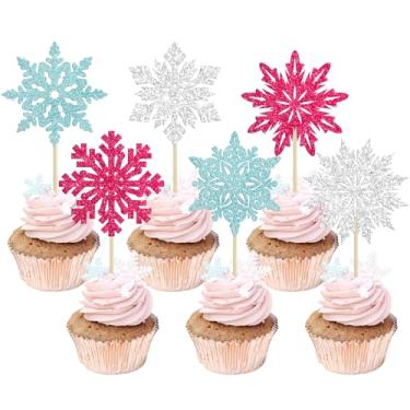 Imagem de Ephlyn 30Pcs Snowflake Cupcake Toppers Glitter Winter Snowflake Cupcake Picks Winter Frozen Cake Decorations Christmas Baby Shower Kids Birthday Party Supplies Blue Silver Pink