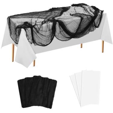 Imagem de Oudain Pacote com 6 toalhas de mesa de Halloween, 3 peças de toalha de mesa de plástico descartável de 274 x 137 cm, 3 peças, 274 x 203 cm, cobertura de mesa de gaze para decoração de festa