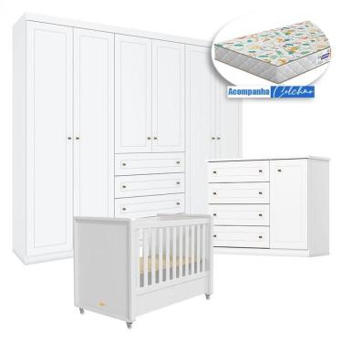 Imagem de Quarto Infantil Americano 6 Portas Com Berço Tutto New Branco Fosco E Colchão Gazin - Henn