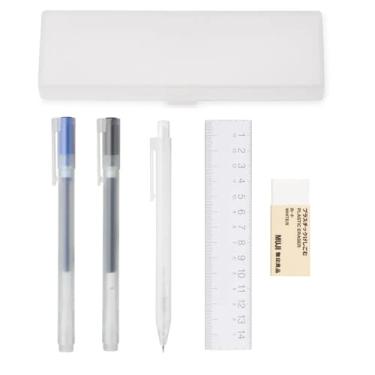 Imagem de GASHINA STORY Conjunto de papelaria minimalista - estojo para caneta, borracha branca, lapiseira de 0,5 mm, canetas esferográficas pretas/azuis 0,38 mm, régua de 15 cm - Papelaria perfeita para