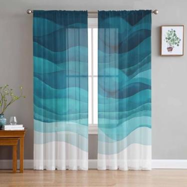Imagem de Cortinas transparentes, azul-petróleo, turquesa, ondas, 2 painéis, 2 painéis, conjunto para sala de estar/quarto, ombré, litoral, oceano, água, abstrato, semi cortinas, cortinas transparentes
