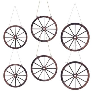Imagem de arricraft 6 peças de decoração de roda de vagão de madeira com corda, 3 tamanhos de caubói ocidental festa rústica casa de fazenda de madeira para sala de casa, quintal, jardim (11,73/9,76/19,8 cm)