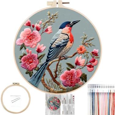 Imagem de FONNUY Kit de bordado para iniciantes, kits de padrões pré-estampados de flores de beija-flor para adultos com aro, bordado de linha colorida fácil de seguir, argola de 20 cm (azul)