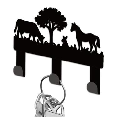 Imagem de DELORIGIN Porta-chaves de árvore de animais de fazenda para parede, pequenos ganchos de ferro para chaves montados na parede com 3 ganchos, cabide de chaves para chaveiro, bolsa, coleira de cachorro