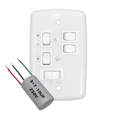 Imagem de Chave Capacitiva Rima para Ventilador de Teto, 127V, 5 Botões, Controle de 3 Lâmpadas e Velocidade, Branca, com Capacitor 10uF (3+7)