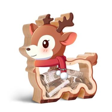 Imagem de Uniwooder Cofrinho de rena de madeira para crianças, cofrinho de veado de Natal para meninos e meninas, caixa de dinheiro infantil inquebrável com adesivo de carta, grande pote de moedas para