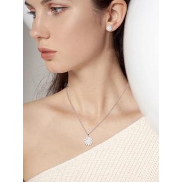 Imagem de 1 conjunto de colar com pingente de margarida, de aço inoxidável, margarida, brincos e colar com pingente para noivas, festivais, joias elegantes, presentes, 17,32 polegadas (440 mm), 9,5 mm, pino