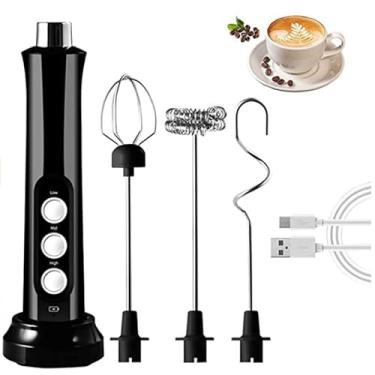 Imagem de Misturador Elétrico Portátil Sem Fio, Batedor com 3 Velocidades, Recarregável USB, Aço Inox, para Café, Ovos, Bebidas (Preto)
