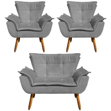 Imagem de Conjunto 2 Poltronas E 1 Namoradeira Pés Palito Charger Suede Grafite G19 - Gran Belo