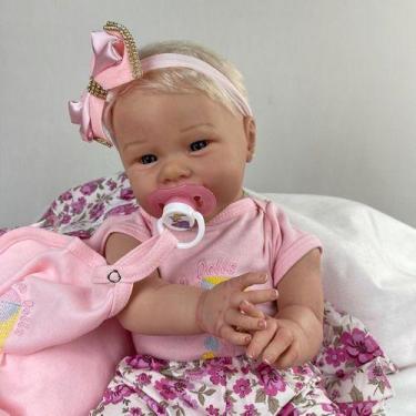 Imagem de Bebê Reborn Realista Loira Sorrindo 52cm Corpo Vinil Silicone Pode Dar