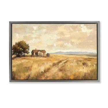 Imagem de Stupell Industries Arte de parede em tela flutuante com moldura dourada Western Landscape Farmhouse Hill, design por Petal Prints Design, 53 x 78 cm