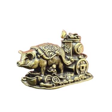 Imagem de Porco de latão puxando lingote carrinho estátua em miniatura, metal Fengshui mascote porco escultura ornamento de mesa bonsai casa micro paisagem decr acessórios