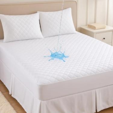 Imagem de Protetor de Colchão King Size, Impermeável, Algodão e Poliéster, 203x193x40 cm, Película Protetora Contra Líquidos e Ácaros (Branco)