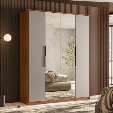 Imagem de Guarda Roupa Casal Attore Ambiente 4 Portas Nogueira Nude Prime Tx Com Espelho Demóbile - Demartêz