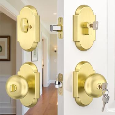Imagem de BonKuDoo Conjunto de fechadura de porta frontal/externa, conjunto de fechadura de porta dourada escovada com chave com fechadura para porta da frente, maçaneta de porta de liga de zinco com fechadura