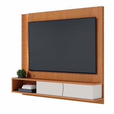 Imagem de Painel Tv 65 Pol 180cm Bancada Suspensa Ripado Manacá C04 - D'rossi Cor Freijó E Off White Matte