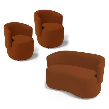 Imagem de Kit 2 Poltronas E 1 Namoradeira Aisha Orgânica Veludo Terracota - Abmaza